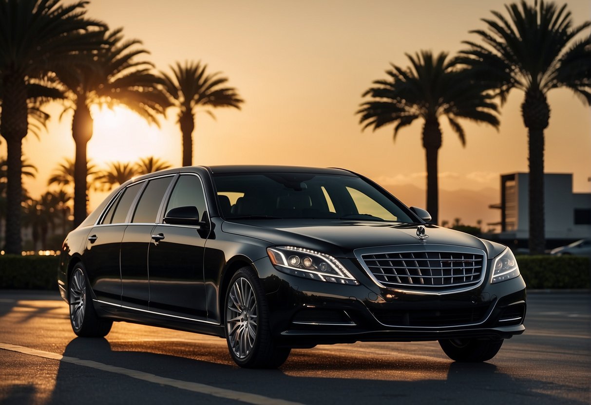 A sleek black limousine pulls up to a modern airport terminal, surrounded by palm trees and luxury vehicles. The sun is setting, casting a warm glow on the scene