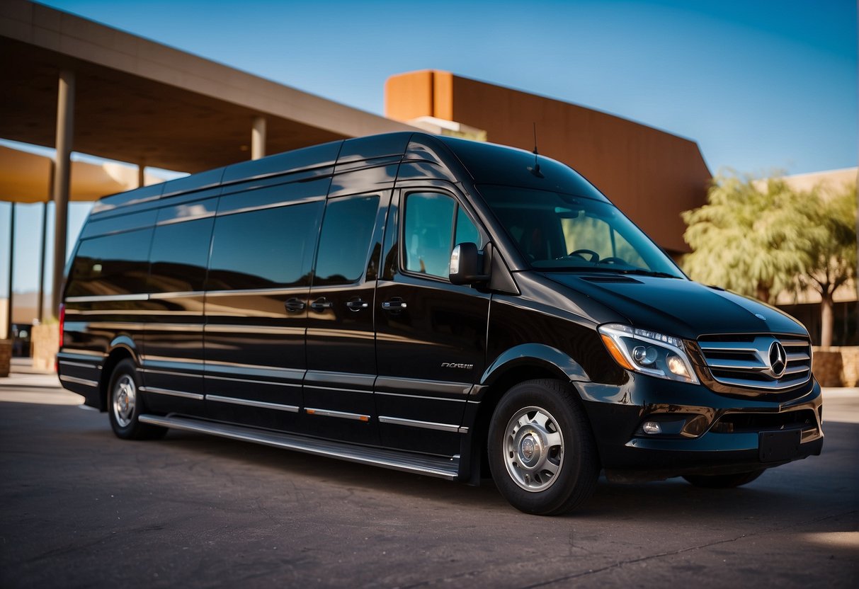 Luxury airport shuttle parked at Scottsdale terminal. Rich colors, elegant design, and professional chauffeur