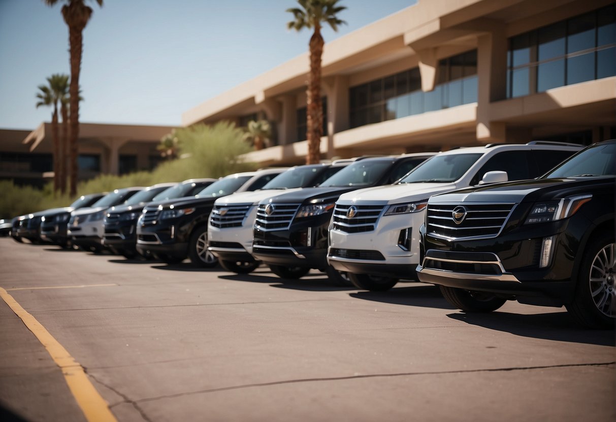 Luxury airport transportation vehicles line up at Scottsdale Arizona airport terminals, ready to whisk travelers away in style