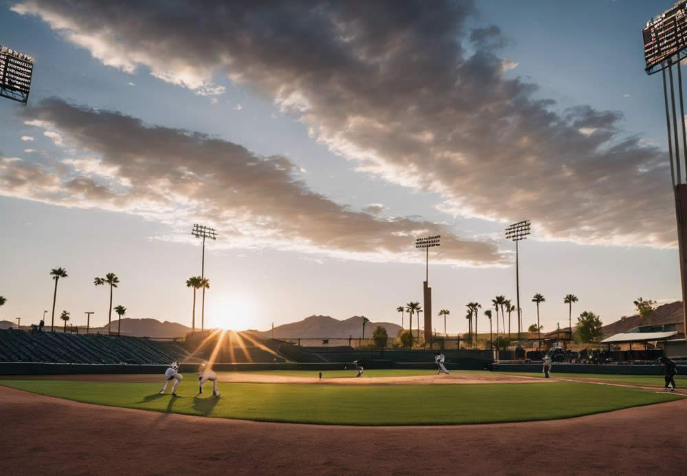 A baseball field with a sun setting behind it