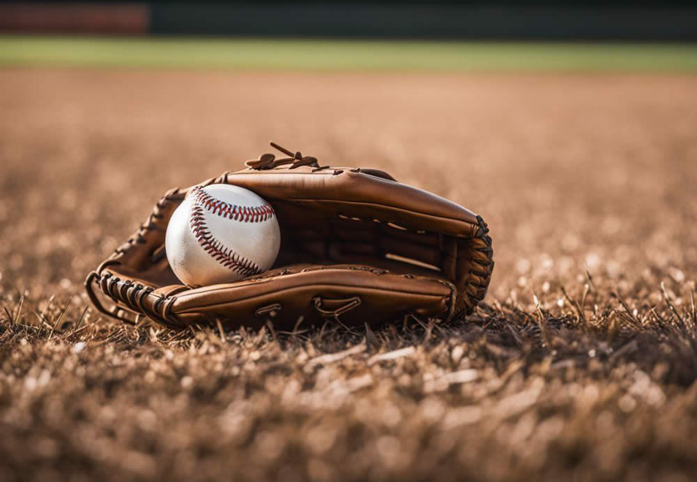 A baseball and glove on the ground