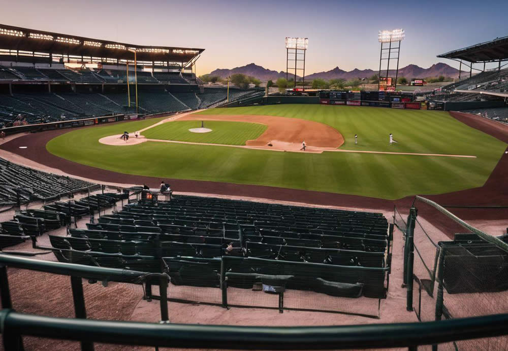 A baseball field with seats and a baseball field