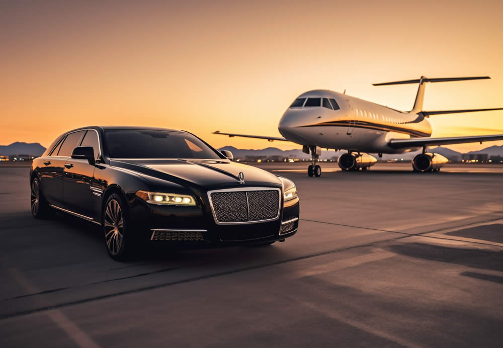 A limo is standing on a runway besides a private jet.