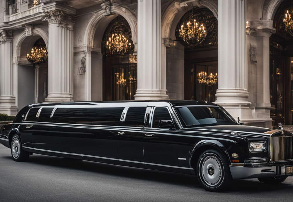 A black limousine parked in front of a building