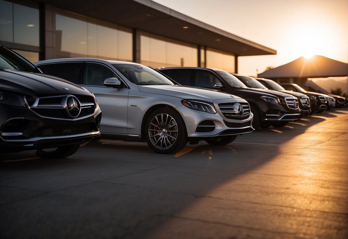 Luxury vehicles lined up outside a modern airport terminal in Scottsdale, Arizona. The sun sets over the desert landscape, casting a warm glow on the sleek cars and creating a sense of opulence and comfort