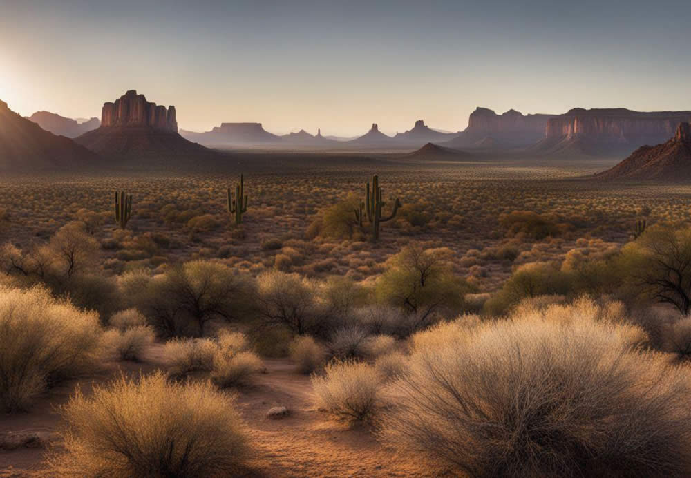 A desert landscape with cactus and mountains