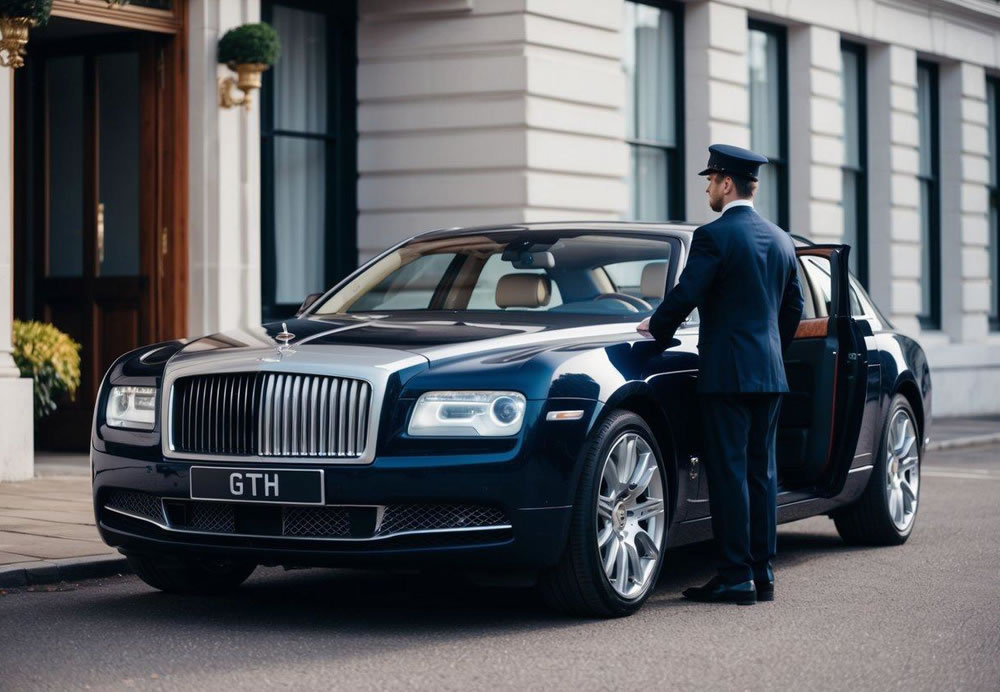 A luxury car parked outside a grand hotel, a chauffeur standing by the open door, ready to assist