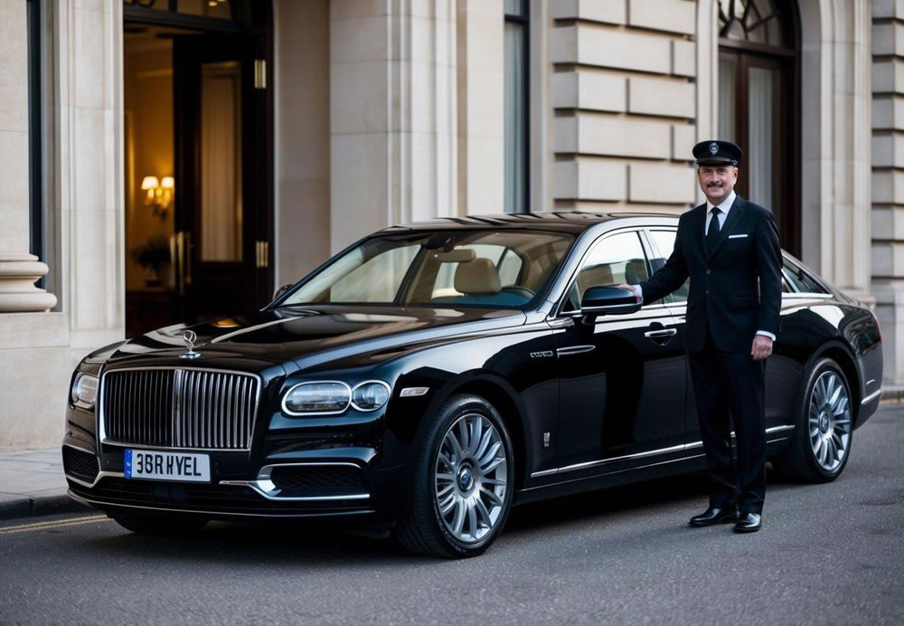 A sleek, black luxury car parked in front of a grand hotel, with a smartly dressed chauffeur standing by the open door, ready to assist