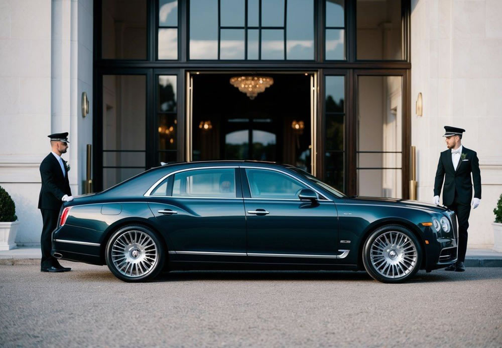 A sleek, luxury car pulls up to a grand entrance, a well-dressed chauffeur standing by, ready to open the door