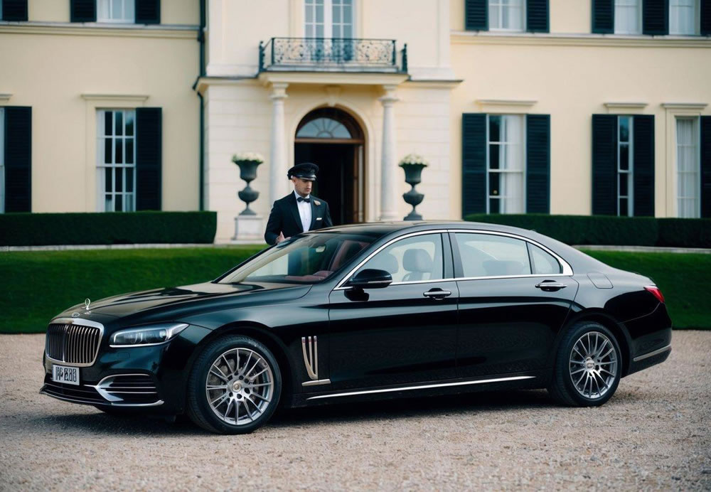 A sleek black car parked in front of a grand mansion, with a chauffeur standing by the open door, ready to assist