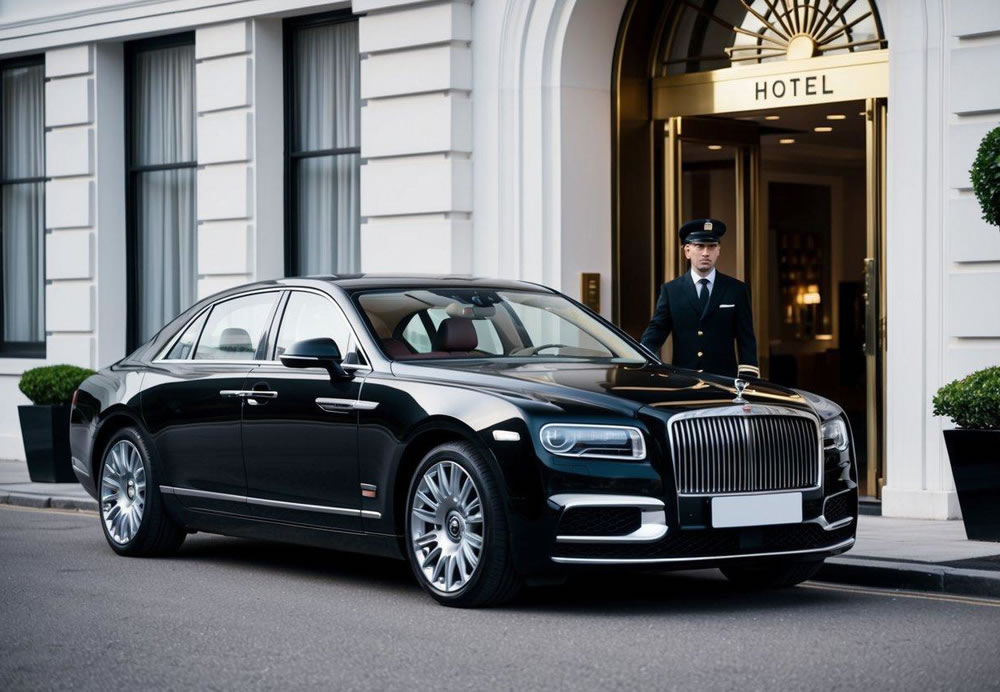 A sleek, black luxury car parked in front of a grand hotel entrance, with a uniformed chauffeur standing next to the open door, ready to assist