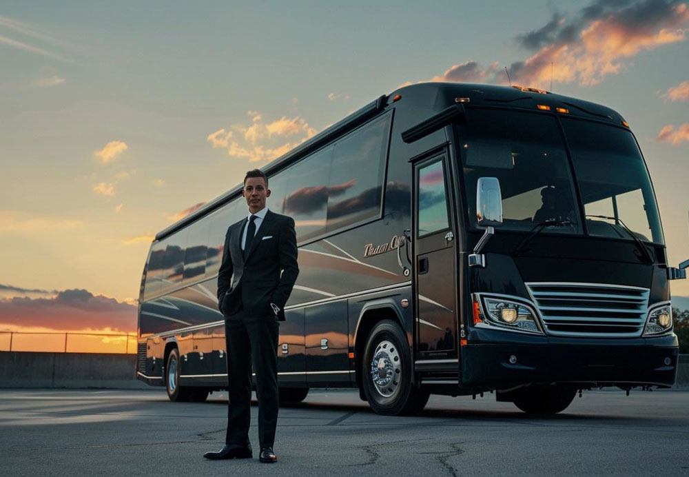 A sleek, black luxury van waits outside a modern airport terminal, surrounded by palm trees and the desert landscape of Scottsdale