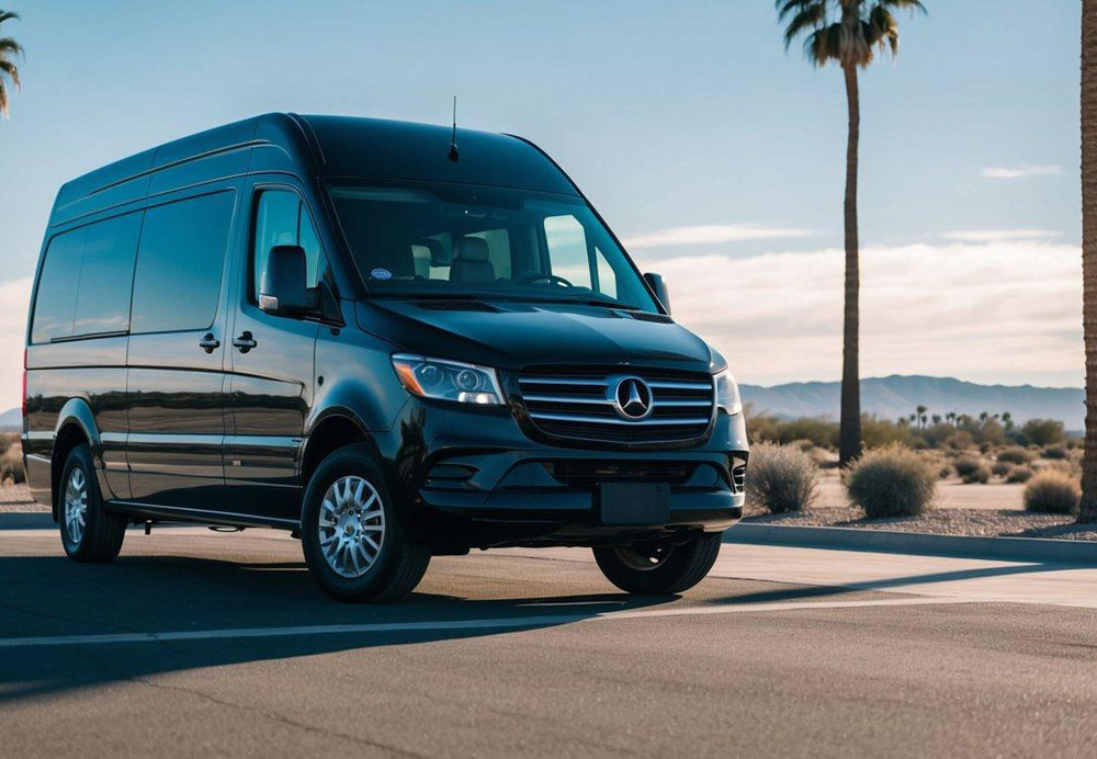 A sleek, black luxury group transportation vehicle pulls up to a grand hotel entrance in Scottsdale, ready to whisk away a group of well-dressed passengers