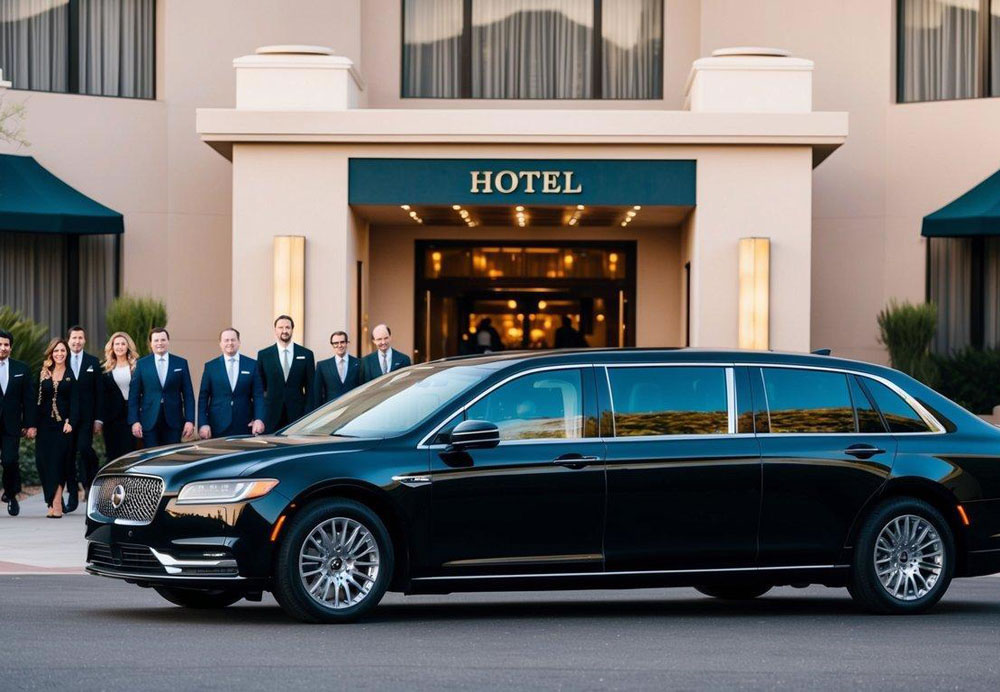 A sleek black luxury group transportation vehicle parked outside a modern building in Scottsdale, with a sign displaying booking and safety information