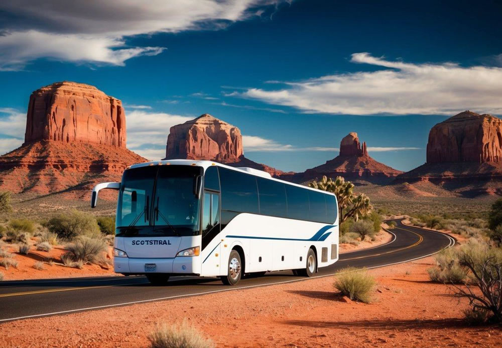 A charter bus winding through the desert from Scottsdale to Sedona, with red rock formations in the background