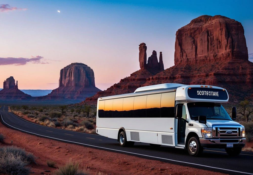 A charter bus travels through the desert from Scottsdale to Sedona, passing through rugged terrain and towering red rock formations