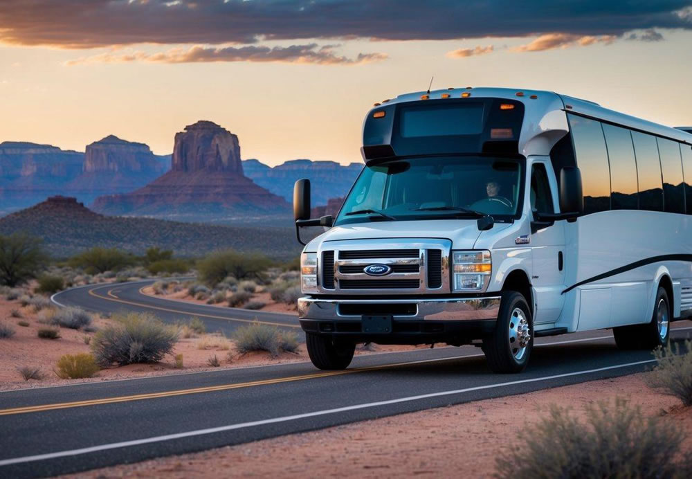 A charter bus winding through desert landscapes from Scottsdale to Sedona