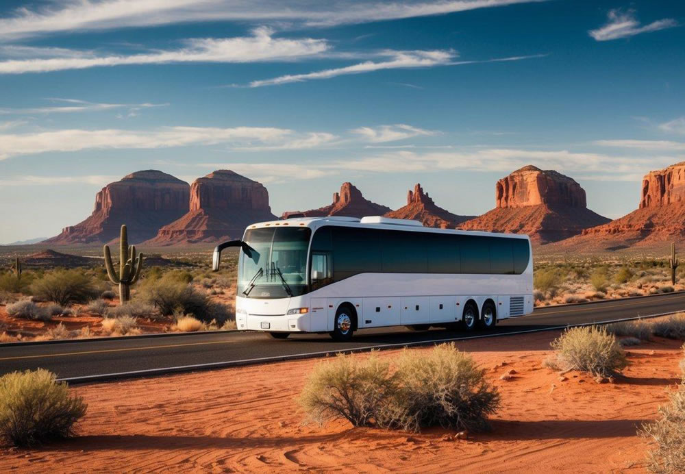 A charter bus travels through the desert from Scottsdale to Sedona, with red rock formations in the distance