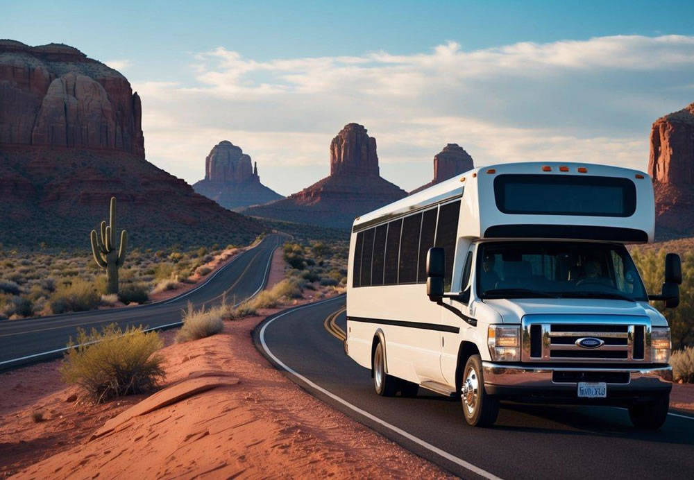 A charter bus winds through the desert, heading from Scottsdale to Sedona, passing by towering red rock formations and cacti-lined highways