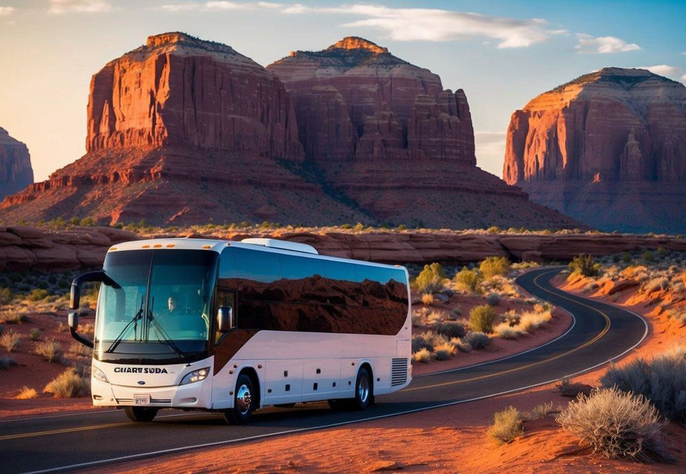 A charter bus winding through the red rock canyons from Scottsdale to Sedona, with towering cliffs and desert landscapes in the background