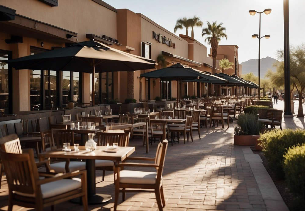 A bustling street lined with upscale steakhouse restaurants, each with elegant signage and outdoor seating, set against the backdrop of the scenic Scottsdale, Arizona skyline