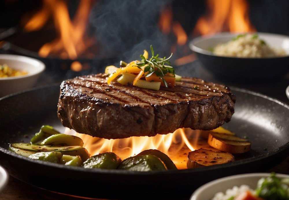 A sizzling steak is being expertly grilled on a large open flame, surrounded by a variety of mouthwatering side dishes and sauces. The restaurant's logo and name are prominently displayed in the background