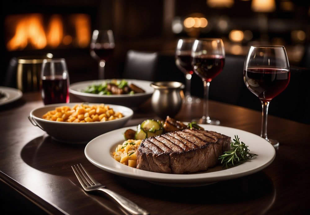 A table set with steaks, wine glasses, and menus at a top steak house in Scottsdale, Arizona. The ambiance is upscale and inviting, with dim lighting and elegant decor