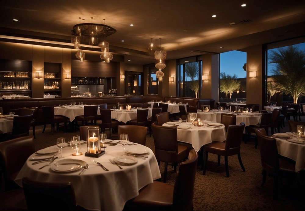 A bustling steakhouse in Scottsdale, Arizona with elegant decor, dim lighting, and attentive staff. Tables are adorned with white tablecloths and flickering candlelight, creating a warm and inviting atmosphere