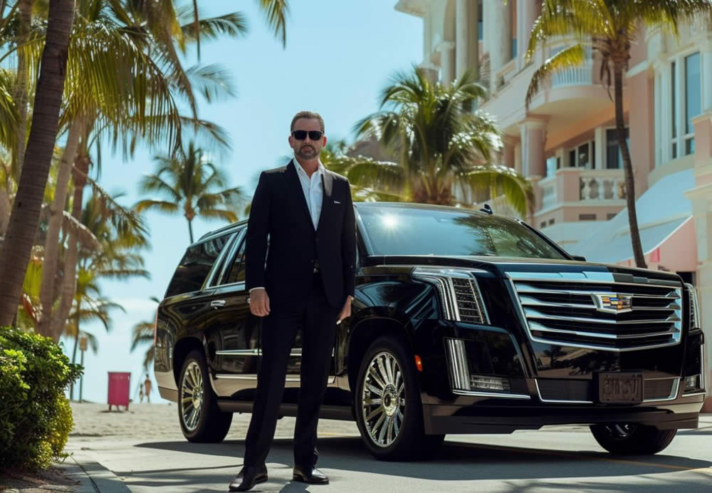 A man is standing in front of a car surrounded by palm trees.