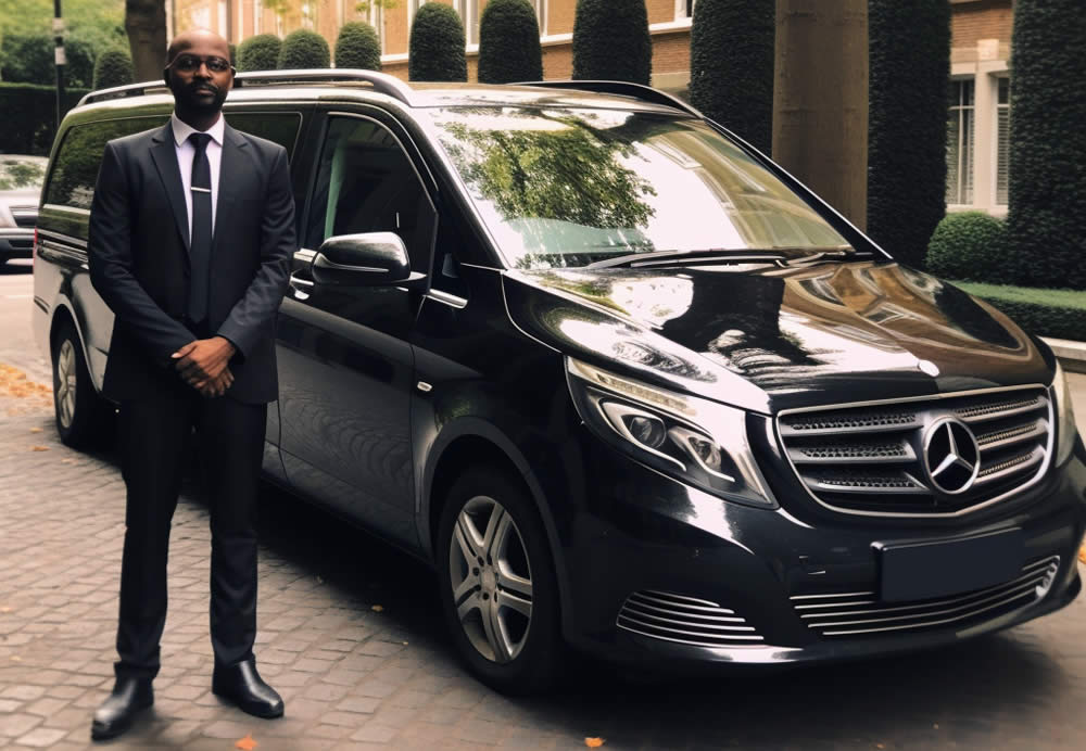 A man is standing besides a mercedes sedan.