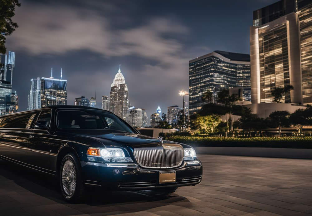 A black car with lights on