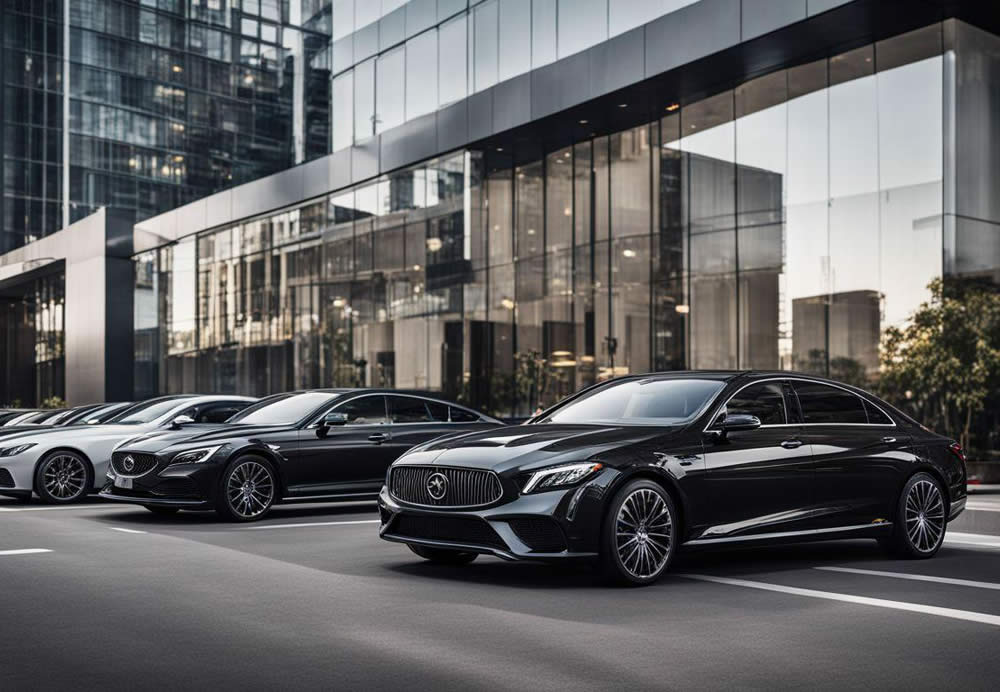 A row of black cars parked in front of a building