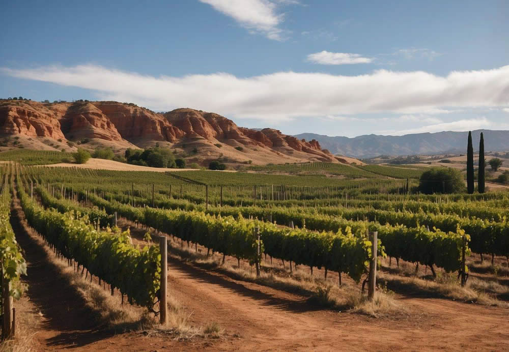 Rolling hills dotted with vineyards, framed by towering red rock formations. A rustic winery with a welcoming tasting room and outdoor patio. A peaceful, picturesque setting for wine enthusiasts to explore