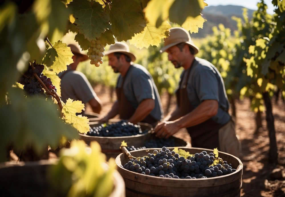 Vineyard workers harvest ripe grapes under the warm Sedona sun, while winemakers carefully tend to fermenting barrels in the rustic winery cellar