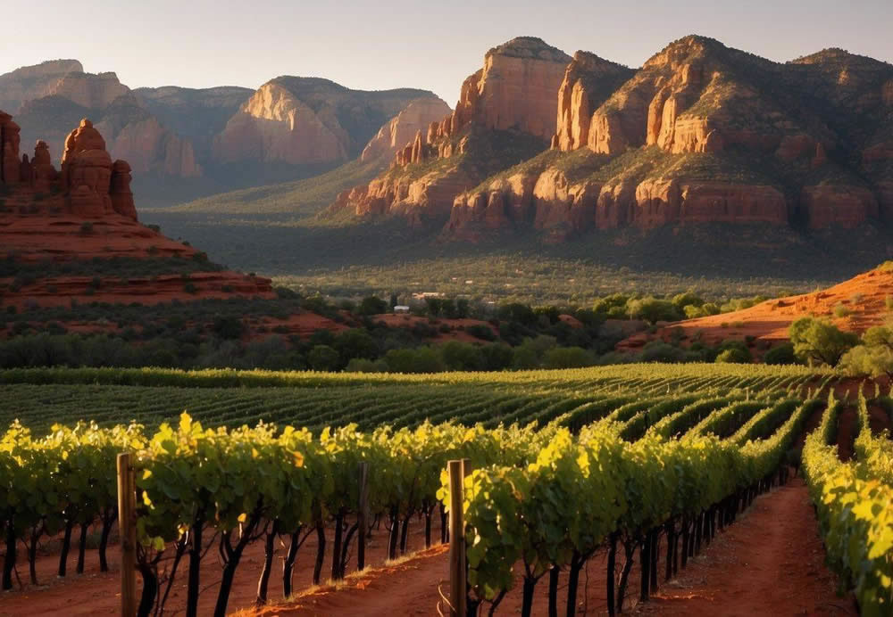 Lush vineyards with rolling hills, vibrant grapevines, and a backdrop of red rock formations in Sedona, Arizona. Sunlight casts a warm glow over the wineries, creating a picturesque and inviting atmosphere