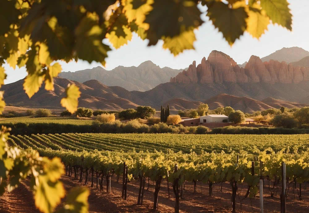 Vineyards sprawl across the red rock landscape, with majestic mountains in the background. A quaint winery sits nestled among the vines, while the warm Arizona sun bathes the scene in a golden glow