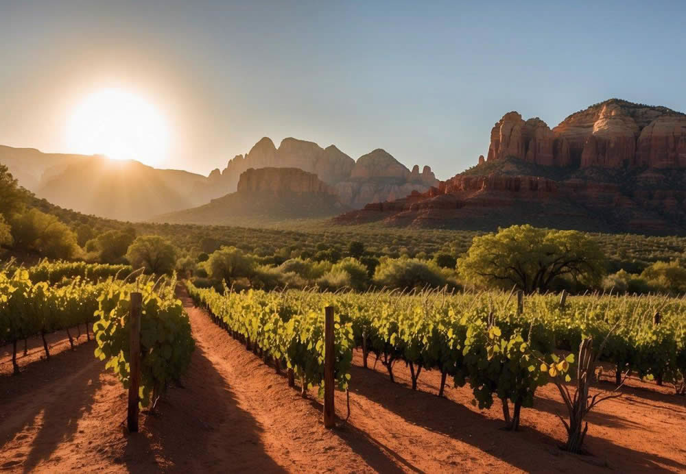 Vineyards sprawl across Sedona's red rock landscape, framed by towering cliffs and vibrant desert flora. The sun sets behind the mountains, casting a warm glow over the rows of grapevines