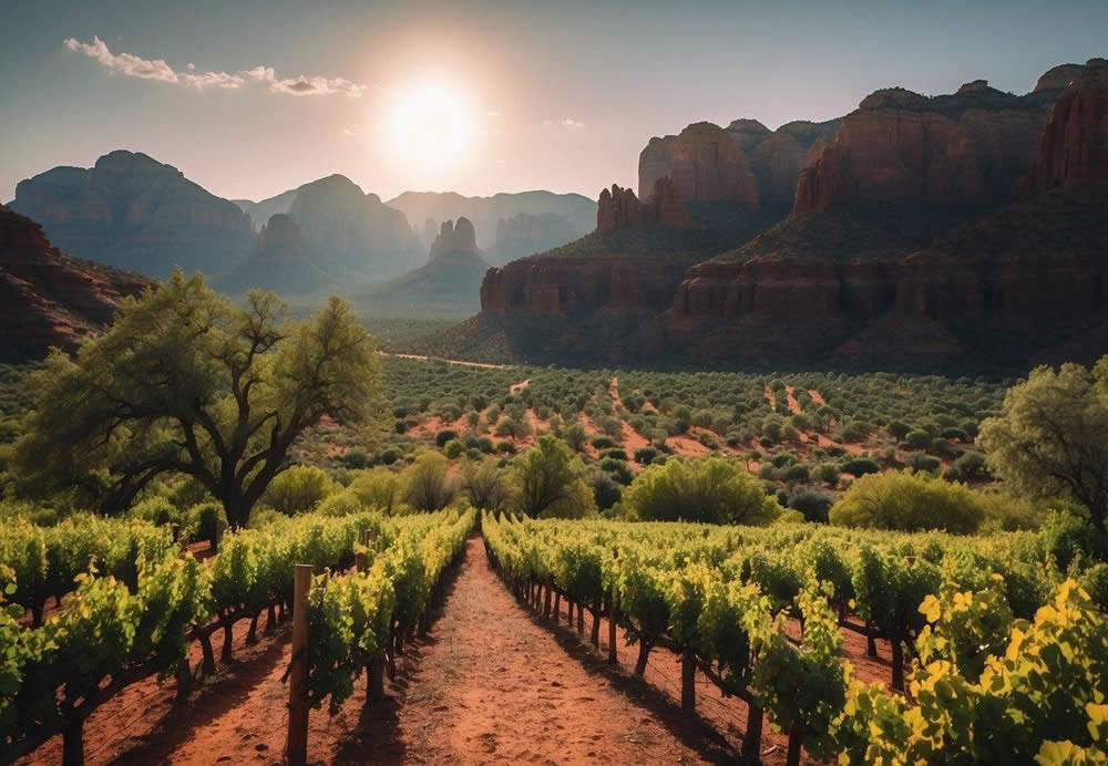 Lush vineyards stretch across the red rock landscape of Sedona, Arizona. A winery nestled among the vines offers tastings and tours, with a backdrop of stunning desert scenery