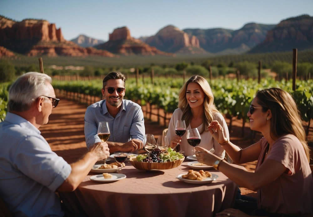 Guests swirl and sip wine at a Sedona winery, surrounded by red rock formations and lush vineyards