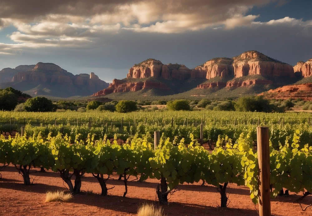 Vineyards sprawl across the red rock landscape of Sedona, Arizona. Visitors sample wines in tasting rooms nestled among the picturesque mountains