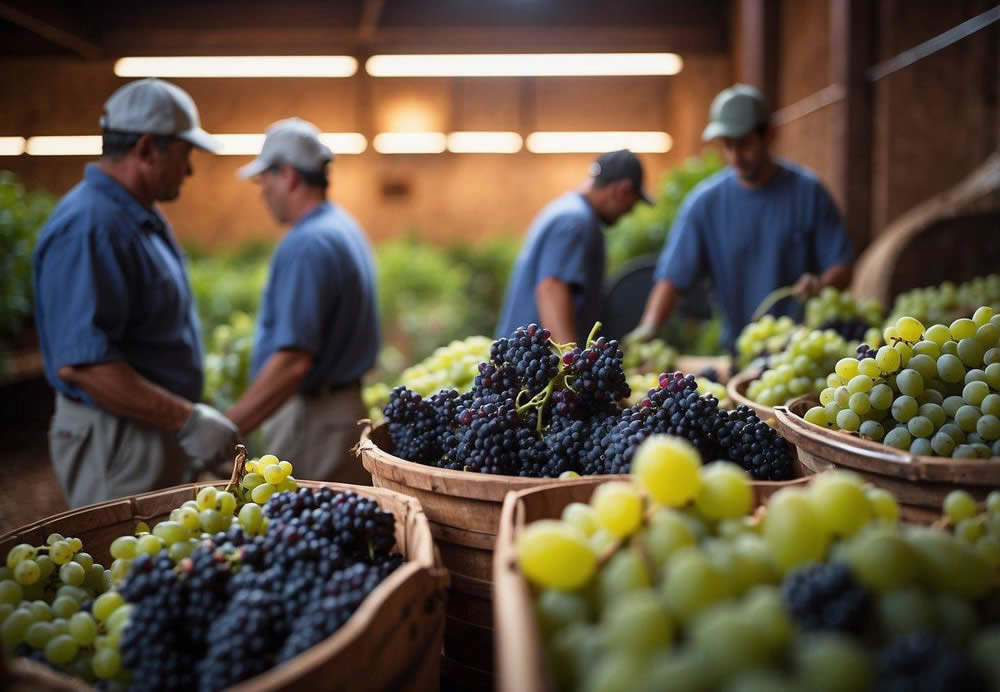 Grapes being harvested and crushed in large vats, with workers monitoring the fermentation process in a picturesque winery in Sedona, Arizona