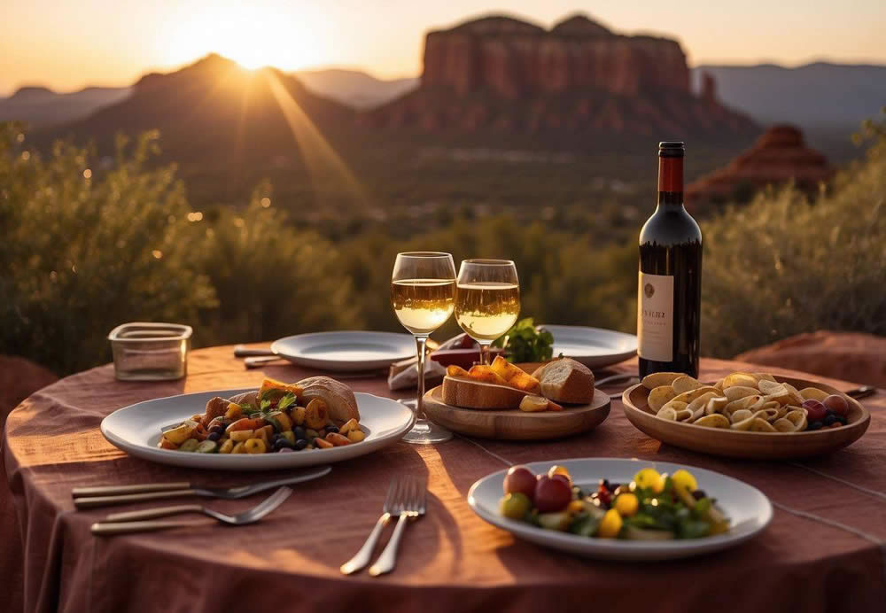 A table set with local Sedona cuisine and wine bottles from nearby wineries. Red rock formations in the background under a warm sunset