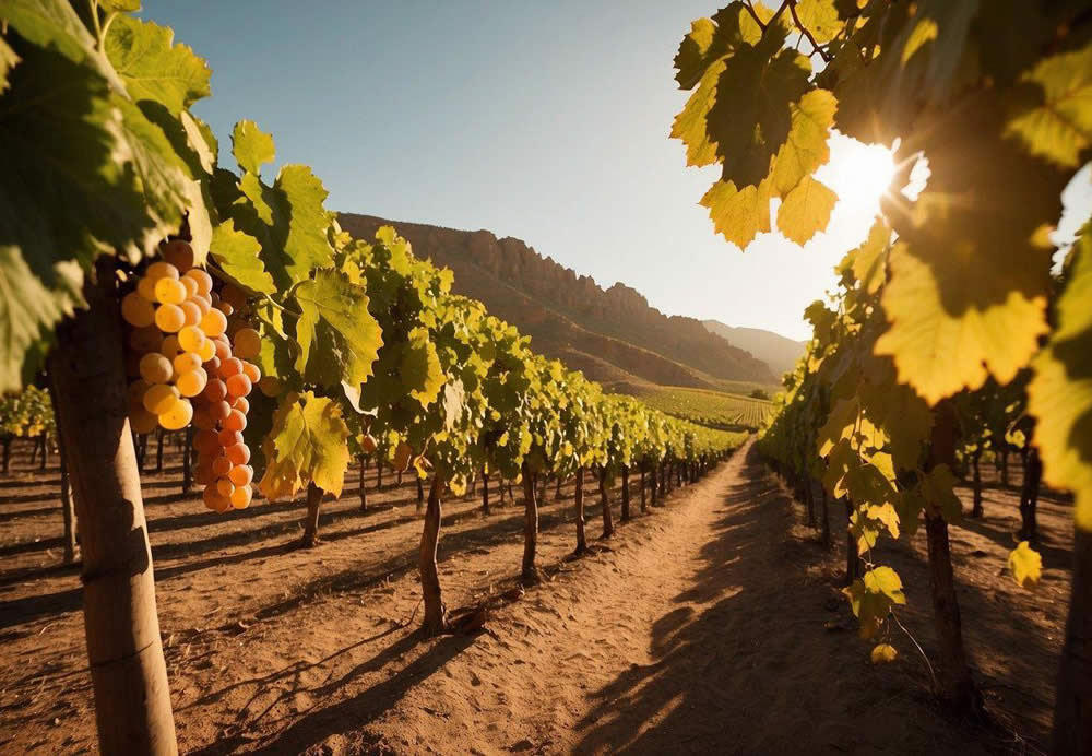 Vineyards stretch across the red desert landscape, framed by towering rock formations. A warm, golden sun bathes the rows of grapevines, casting long shadows on the earth